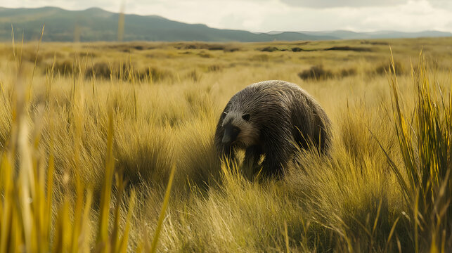 A giant anteater foraging for insects in a South American grassland.