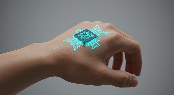 Futuristic glowing microchip implanted on human hand symbolizes advanced bio-integrated technology and seamless human-computer interaction for a connected future.