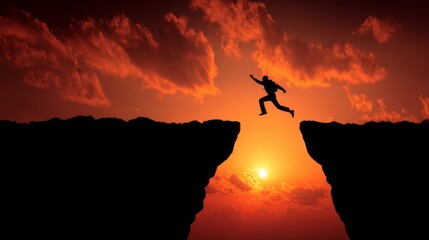 Daring leap across a chasm during a stunning sunset with vibrant clouds and silhouettes in the background