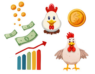 Obraz premium Cartoon chickens with money, coins, and a rising graph, representing financial growth.
