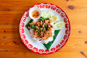 Thai food called Pad Basil with pork, basil leaves and chilli
