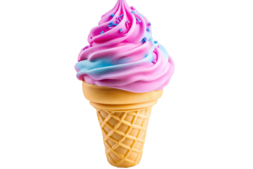 A single ice cream cone with a colorful scoop of rainbow sherbet isolated on a white background