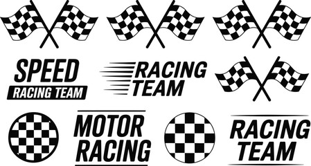 Dynamic collection of black and white motor racing graphic elements. Vector set of checkered flags, speed icons, and motorsport team logos.