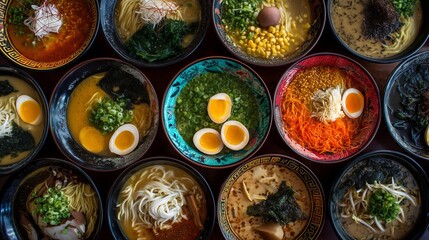 Delicious assortment of Asian food served in bowls on a wooden table, featuring ramen with eggs, rich broth and toppings, alongside other traditional dishes. 