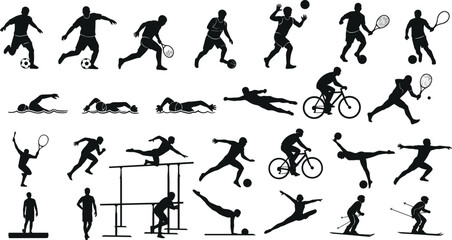 A diverse vector collection of athlete silhouettes in various dynamic poses from sports like soccer, tennis, swimming, cycling, and skiing.