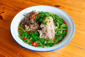 Thai food name Tom Yum noodles with pork and meatballs