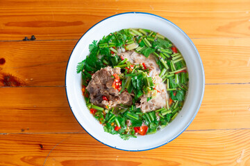 Thai food name Tom Yum noodles with pork and meatballs