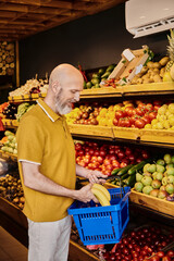 Mature man selecting organic fruits in vibrant farmers market grocery store