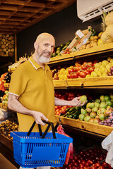 Mature man selecting fresh organic produce at a local farmers market grocery store