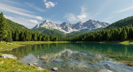 Serene lake reflects jagged snow-capped mountains, bordered by evergreen forest under a bright blue sky with wispy clouds