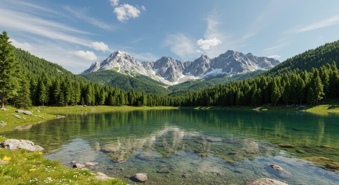 Serene lake reflects jagged snow-capped mountains, bordered by evergreen forest under a bright blue sky with wispy clouds