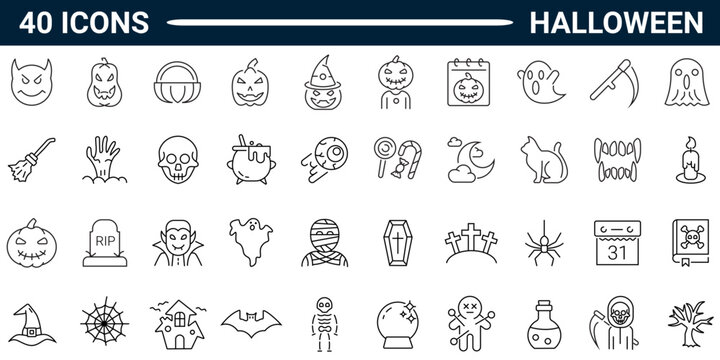 Set of Forty outline icons related to Halloween. Linear icon collection. Editable stroke. Vector illustration. Icons for mobile app and website.