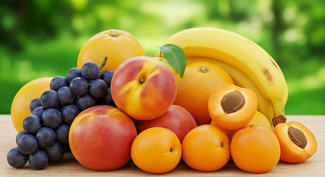 Colorful Fruit Still Life with Apricots Bananas Grapes Oranges and Peaches