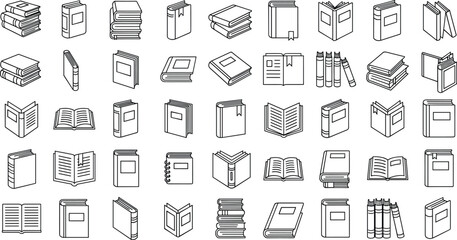 Set of black and white book icons with various open, closed, stacked, and bookmarked styles, perfect for education and reading design projects.