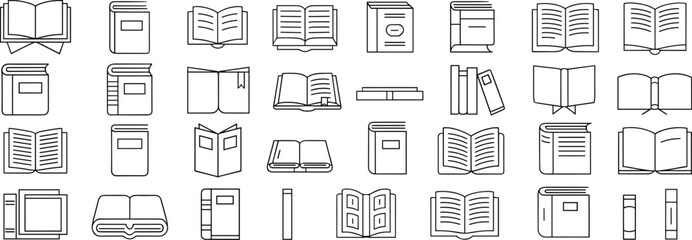 Set of black and white line art book icons and open book illustrations for digital projects, education, libraries, reading apps, and graphic design use.