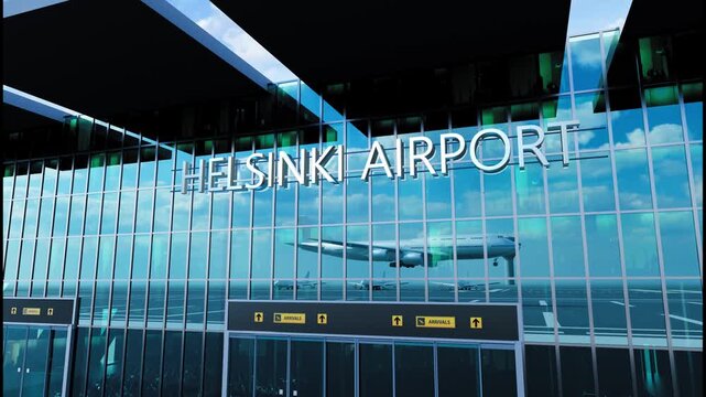 Airlane landing at Helsinki Airport. Arrival in the city with reflection of airport and aircraft