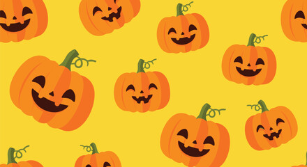 A vibrant, repeating pattern of smiling jack-o'-lanterns on a yellow background, perfect for Halloween.