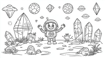 Happy astronaut exploring an alien planet coloring book page, featuring a smiling astronaut waving at friendly aliens, surrounded by glowing crystals and floating rocks, thick black outlines, 