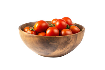 Wooden bowl filled with cherry tomatoes isolated on white background