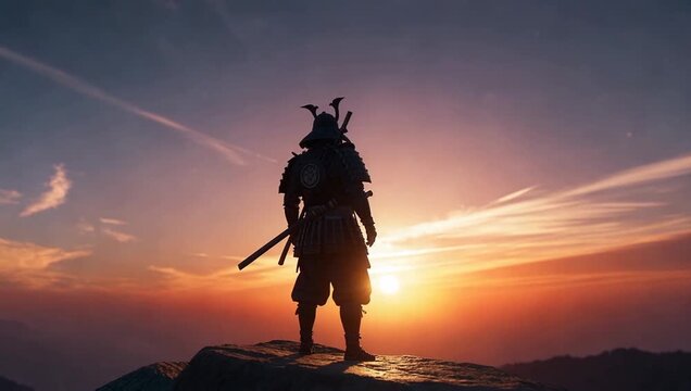 サムライ・昇る朝日と甲冑を身に纏った侍