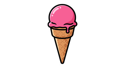 Illustration of a single scoop of pink ice cream in a waffle cone with a black outline on a white background on transparent background