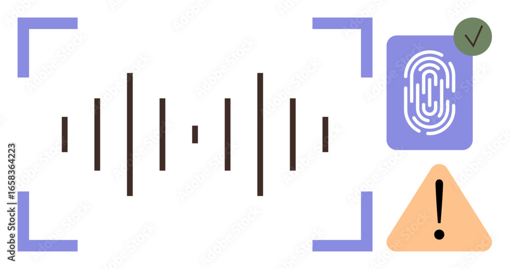 Poster central audio waveform surrounded by a biometric fingerprint with a checkmark and a warning sign. ke