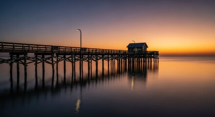 Obraz premium Sunrise over a wooden pier stretching into a calm sea. A small, light-colored building sits on the pier