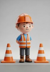 Cartoon construction worker in orange hard hat and safety vest standing near traffic cones
