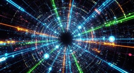 Dynamic digital data stream flowing through cyberspace, futuristic network connections and technology background