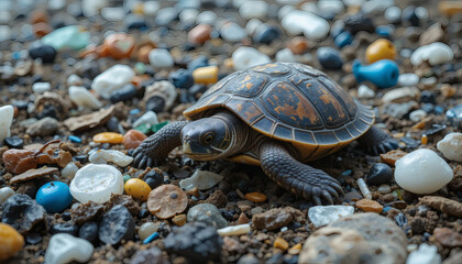 A turtle crawling near plastic waste in a polluted coastal area, highlighting environmental impact