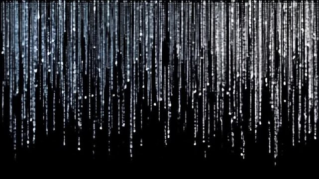 Shimmering, blurry curtain of silver strands on black background