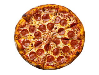 Top view of a pepperoni pizza slice isolated on a white background 