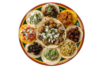 Top view of a colorful plate of tacos with various fillings isolated on a white background
