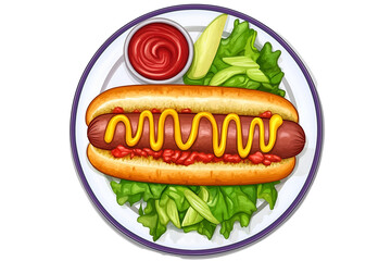 Top view of a classic American hotdog with mustard and ketchup isolated on a white background 