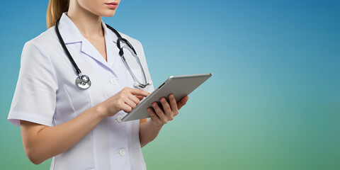 Doctor with tablet in white uniform, work in medicine. Futuristic medical personal, therapist. Healthcare with advanced technology with copy space