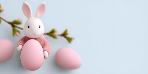 Obraz premium Cute pink Easter bunny figurine among pastel eggs, festive spring decoration concept.
