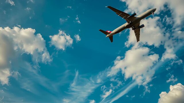 Airplane soaring above signage with vibrant sky and clouds. Sign Next stop 2026 and airplan in the sky. Happy New Year. Merry Christmas