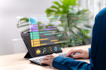Project Planning and Task Management Concept, Businesswoman Plan Schedule, Creating To-Do List with Calendar, Tracking Project Progress, Data Storage and Statistical Analysis for Business Productivity