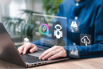 AI Agentic and AI Agent with Intelligent Automation Technology concept, Businesswomen use AI and Automation System, Business Process and  Digital Transformation, Machine Learning, Idea, Data, Business