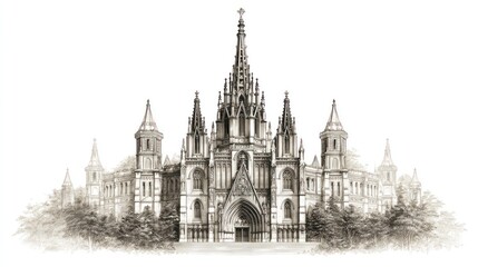 Fototapeta premium Ornate Gothic Revival cathedral, detailed drawing, centered composition