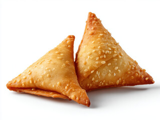 Crispy golden fried triangular pastries sprinkled with sesame seeds, perfect for savory snack or appetizer with crunchy texture and rich flavor