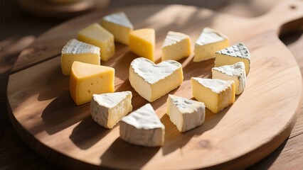 Assorted cheese pieces arranged on a wooden board, including heart-shaped and triangular cuts.