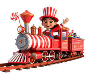 Cartoon girl on a red toy train, wearing a striped hat and waving, with Christmas candy loaded on the back car, against a black background in a digital 3D render.