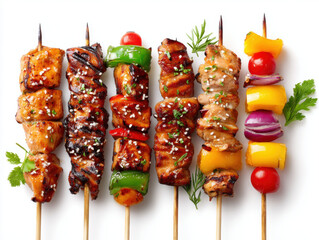 Grilled chicken skewers with colorful vegetables and herbs, sprinkled with coarse salt, arranged neatly on white background for fresh and appetizing presentation
