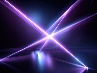 Laser beams crossing in dark space with glowing purple and blue light effects creating futuristic and dynamic atmosphere with reflections on surface