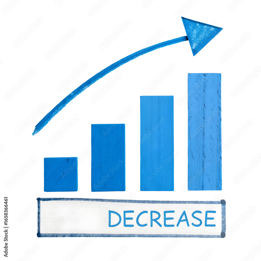 Poster blue wooden bar graph with upward arrow and word decrease isolated on a transparent background