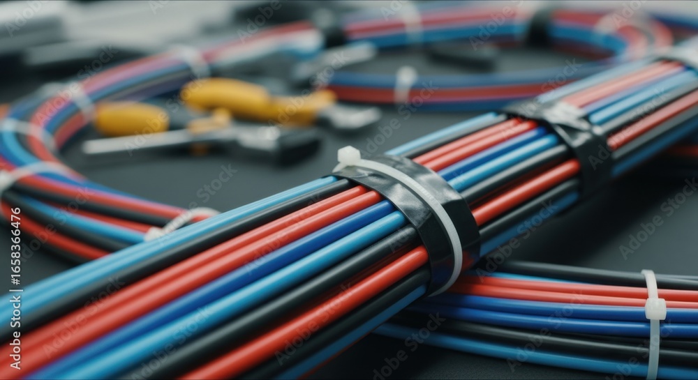 Poster highresolution image of colorcoded highvoltage cables bundled neatly as part of an electric aircraft