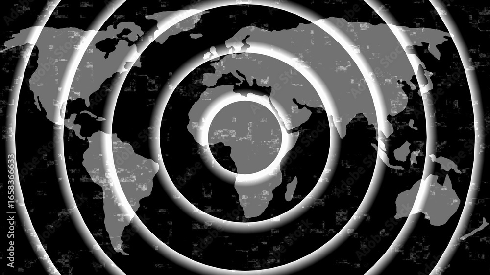 Poster world map overlayed with white radiating circles on dark textured background abstract globe