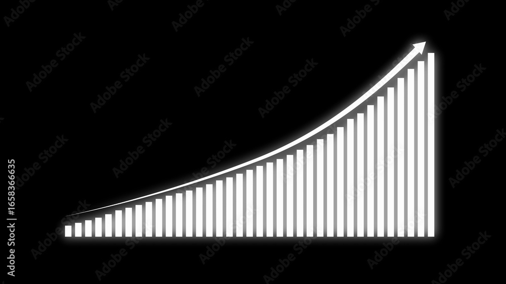 Poster white glowing bar graph with upward arrow on black background bar chart bars