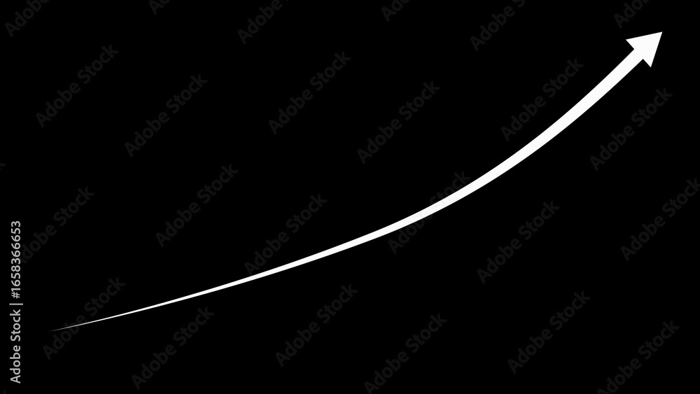Poster white upward curving arrow on a black background symbolizing growth and progress curve